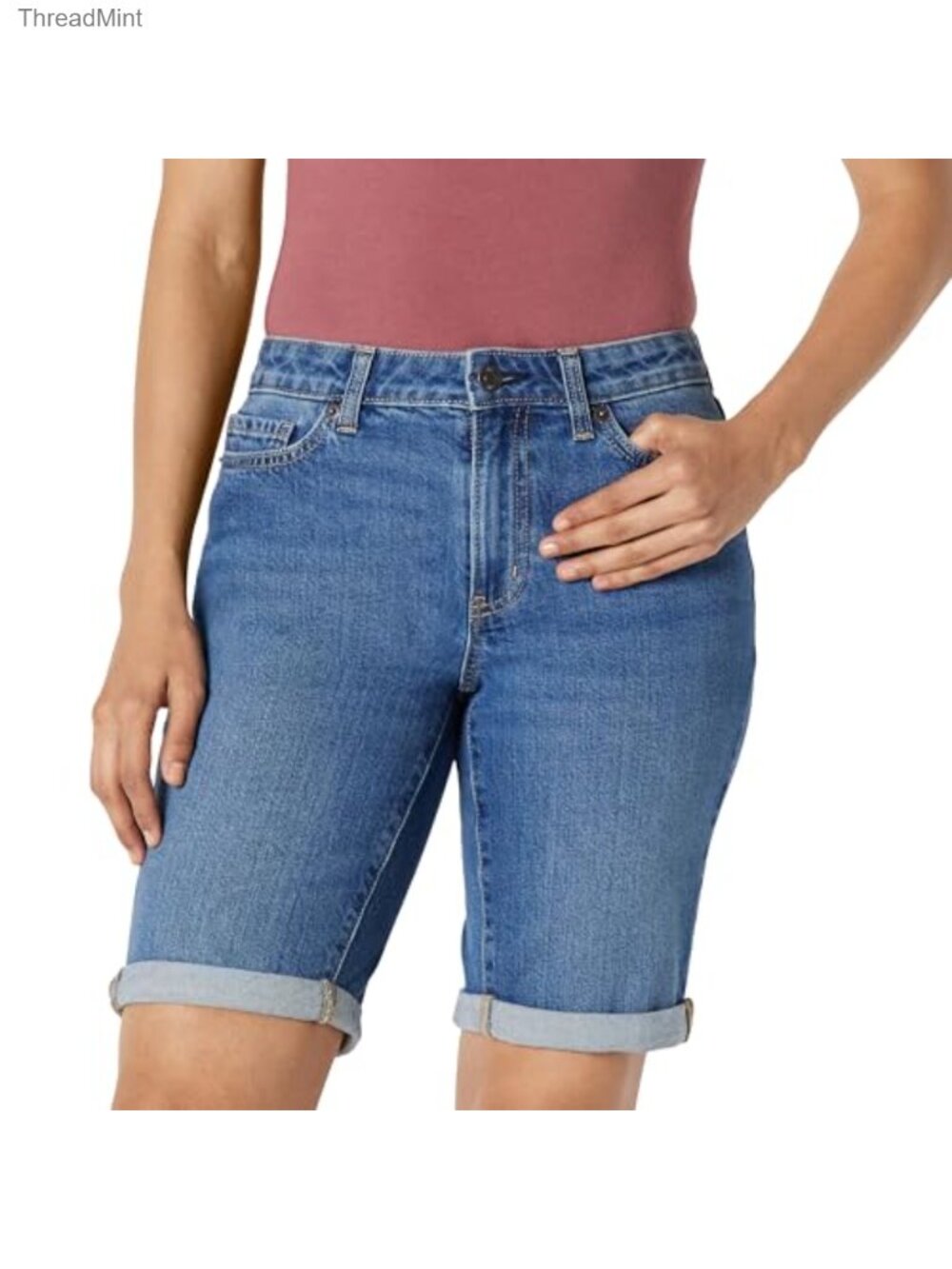 Slim Fit Mid Rise Denim Bermuda Shorts with Pockets